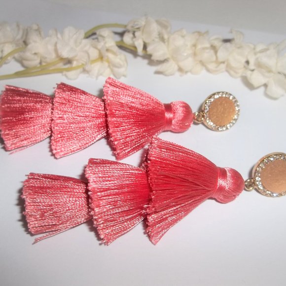 Sugarfix Tassel Earrings Set Statement Peach Coral Gold Rhinestone Drop A351 - Picture 5 of 7